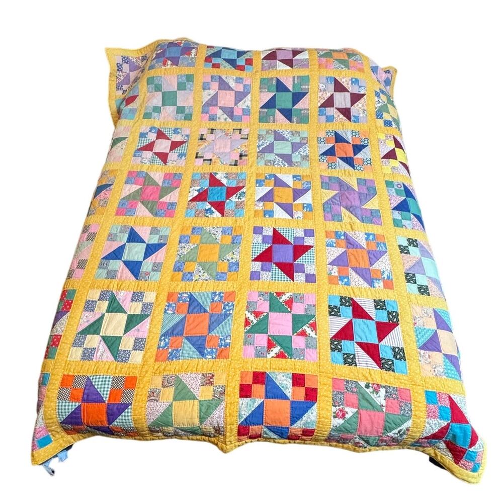 Vibrant Yellow Patchwork Milticolored Pinwheel Blocks Handmade VTG Quilt 91”x77”